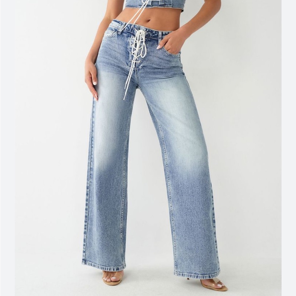 True Religion Leila High Rise Lace-Up Wide Leg Jeans